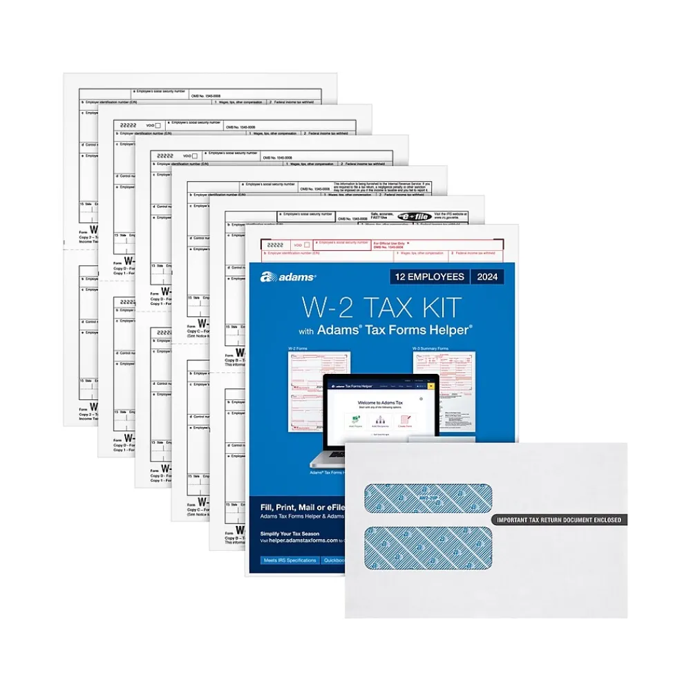 Tax Forms*Adams 2024 W-2 Tax Form with Self-Seal Envelopes and Access to Tax Forms Helper, 6-Part, 2-Up, Copy A, 1, B, C, 2, D, 12/Pack