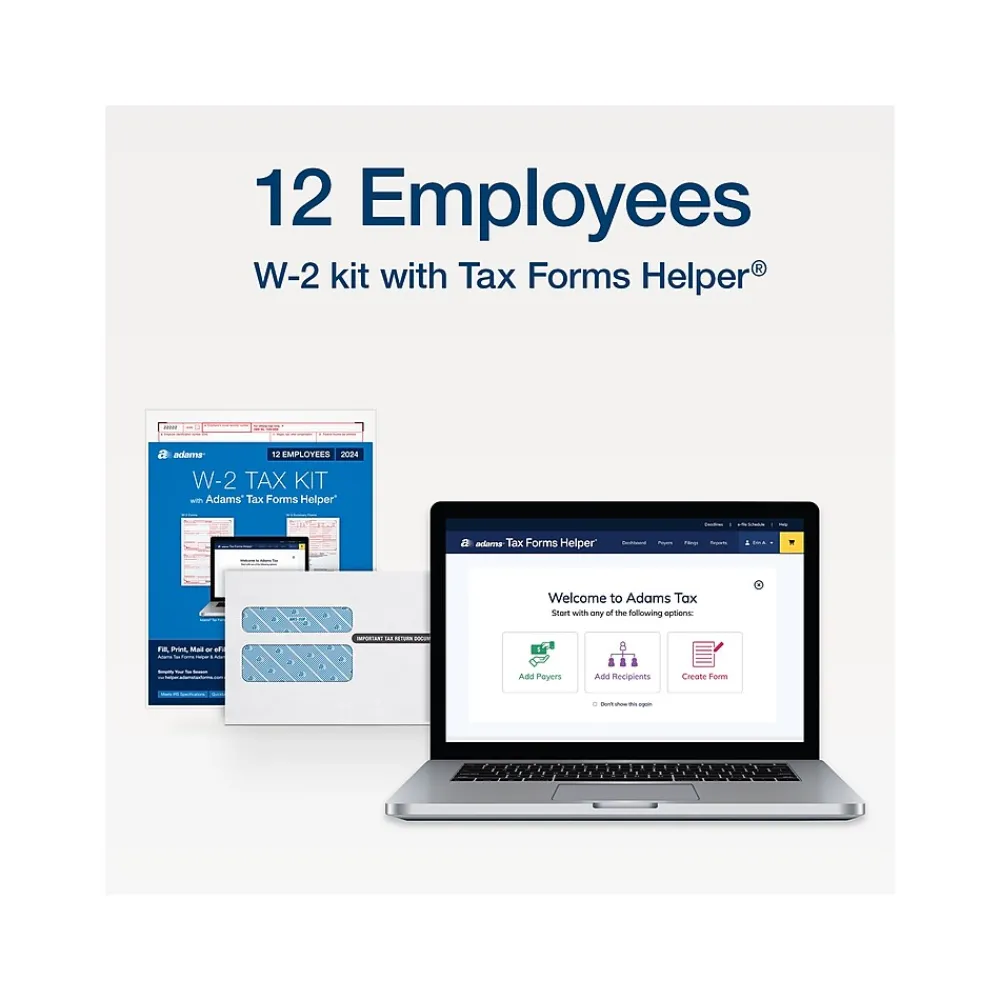 Tax Forms*Adams 2024 W-2 Tax Form with Self-Seal Envelopes and Access to Tax Forms Helper, 6-Part, 2-Up, Copy A, 1, B, C, 2, D, 12/Pack