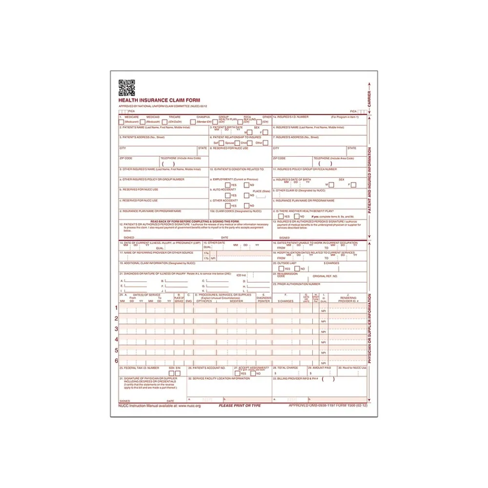 Medical Forms*Adams CMS-1500 1 Part Health Insurance Claims, 100/Pack (ABF CMS1500L1V)