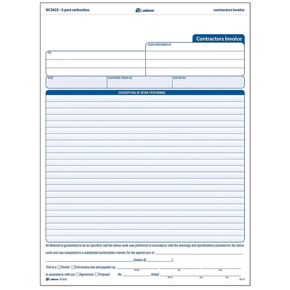 Business Forms*Adams 3-Part Carbonless Contractors Invoice Forms, 8.5"W x 11.44"L, 100/Pack (ABF NC3822)