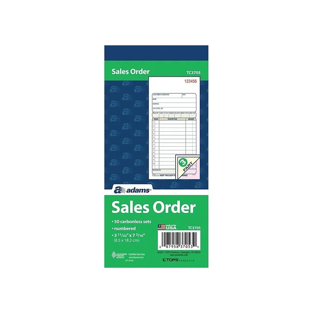 Business Forms*Adams 3-Part Carbonless Sales Orders, 7.19"L x 3.34"W, 50 Sets/Book (TC3705)