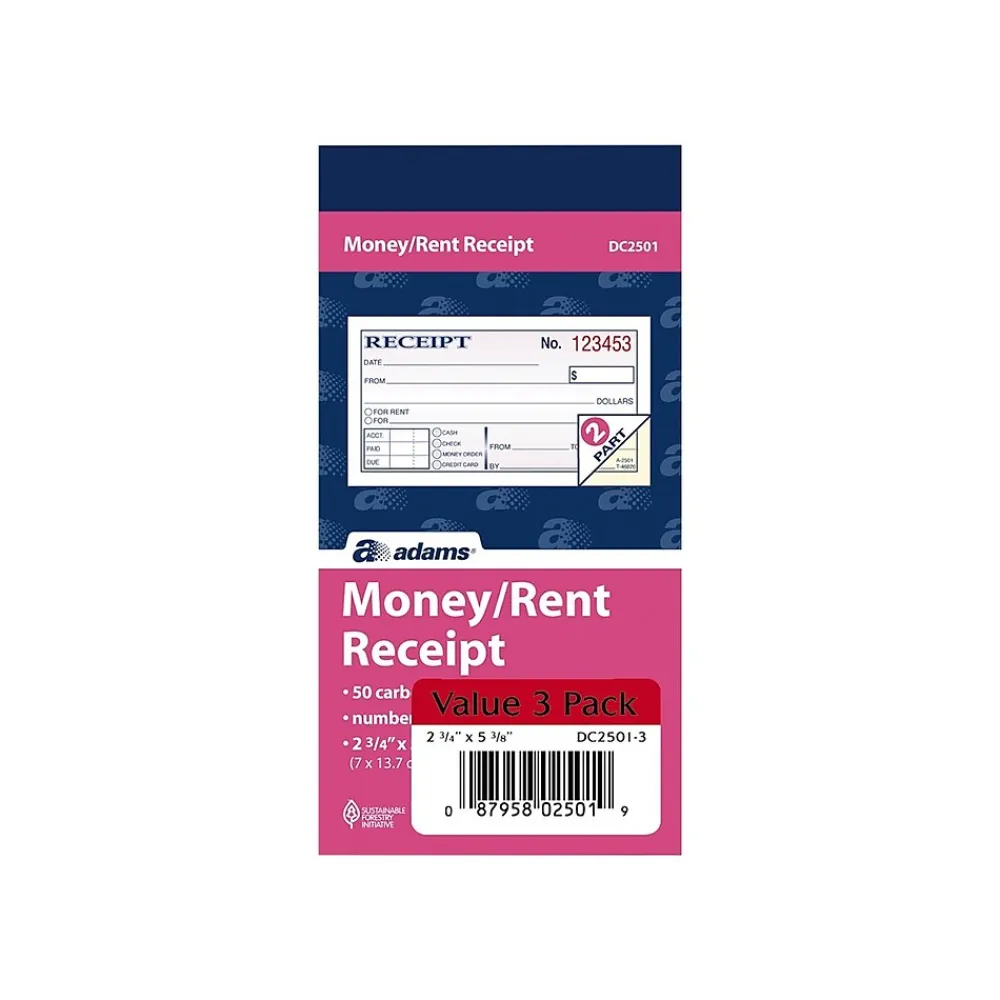 Accounting & Record Journals*Adams Receipts Book, 2.75"L x 5.38"W, 50 Sheets/Book, 3/Pack (DC2501-3)
