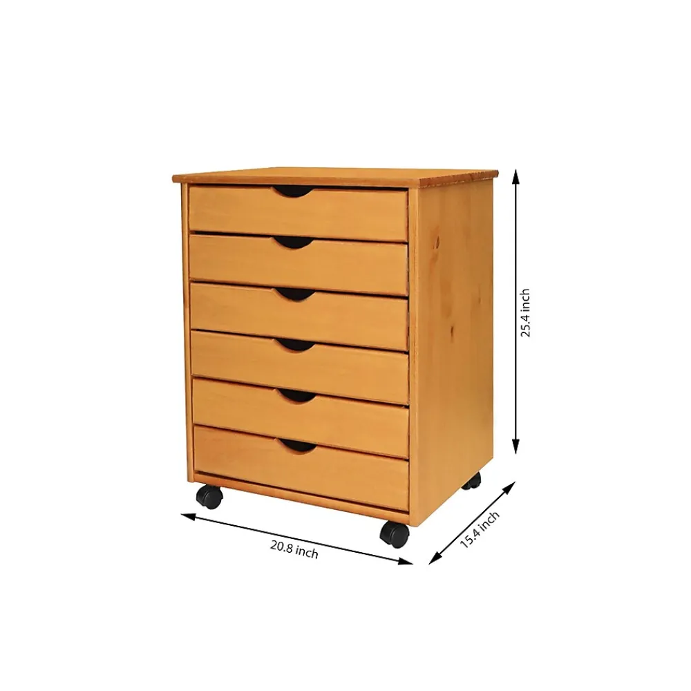 Storage Cabinets*Adeptus 25.43" Solid Pine Roll Cart with 6 Drawers, Medium Pine (76152)