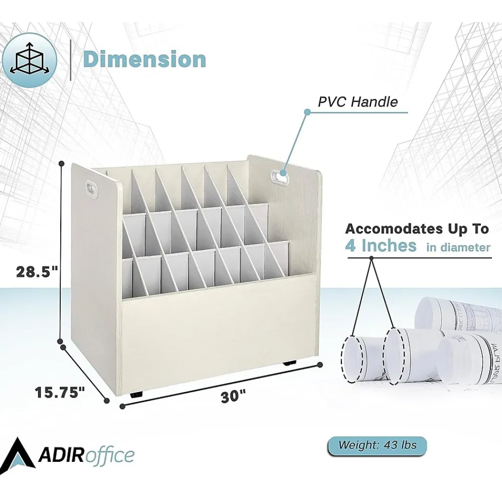 File Cabinets*AdirOffice 21-Slot Mobile Roll File, Lockable, 28.5"H x 30"W x 15.75"D, White (625-WHI-KIT1)