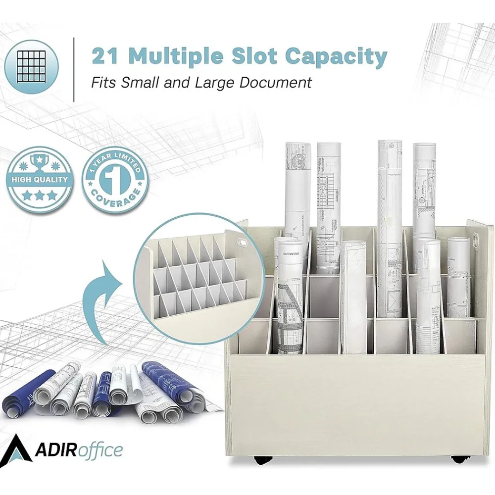 File Cabinets*AdirOffice 21-Slot Mobile Roll File, Lockable, 28.5"H x 30"W x 15.75"D, White (625-WHI-KIT1)