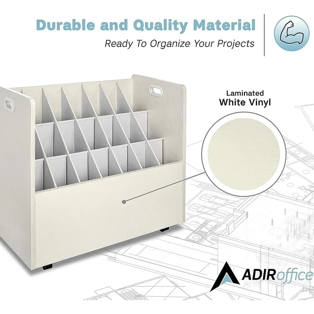 File Cabinets*AdirOffice 21-Slot Mobile Roll File, Lockable, 28.5"H x 30"W x 15.75"D, White (625-WHI-KIT1)