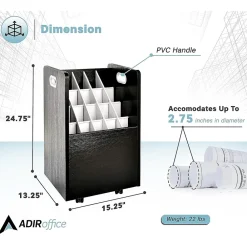 File Cabinets*AdirOffice 20-Slot Mobile Roll File, Lockable, 24.75"H x 15.25"W x 13.25"D, Black (624-BLK-KIT1)