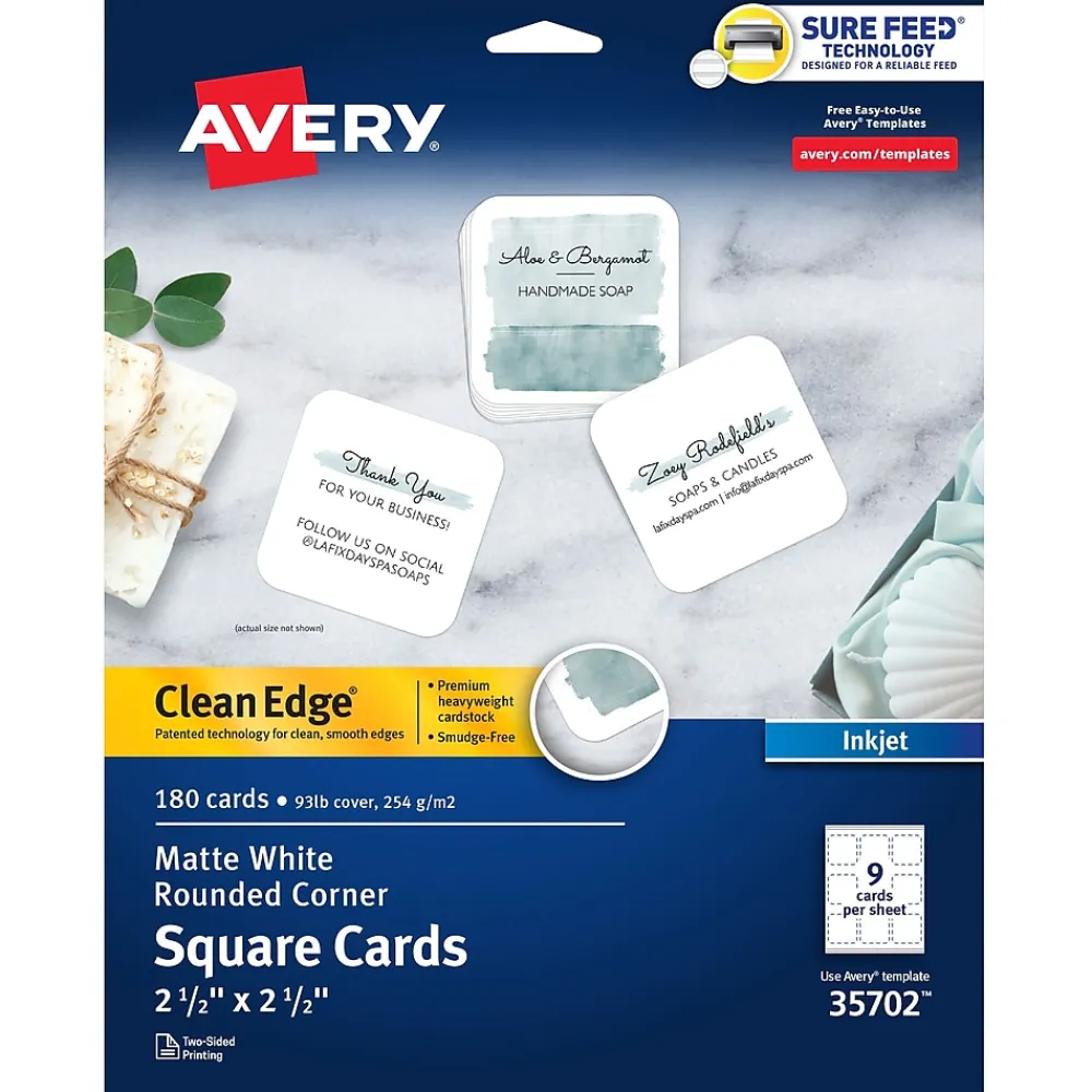 Business Cards*Avery Clean EdgeBusiness Cards, 2.5" x 2.5", White, 9 Cards/Sheet, 180 Cards/Pack (35702)