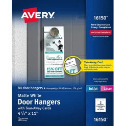 Business Cards*Avery Printable Door Hangers with Tear-Away Cards, 4 1/4" x 11", Matte White, Laser/Inkjet, 80/Pack (16150)
