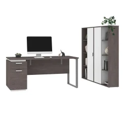 Computer Desks*bestar Aquarius 66" Computer Desk with Single Pedestal and 2 Storage Cabinets, Bark Grey/White (114851-000047)