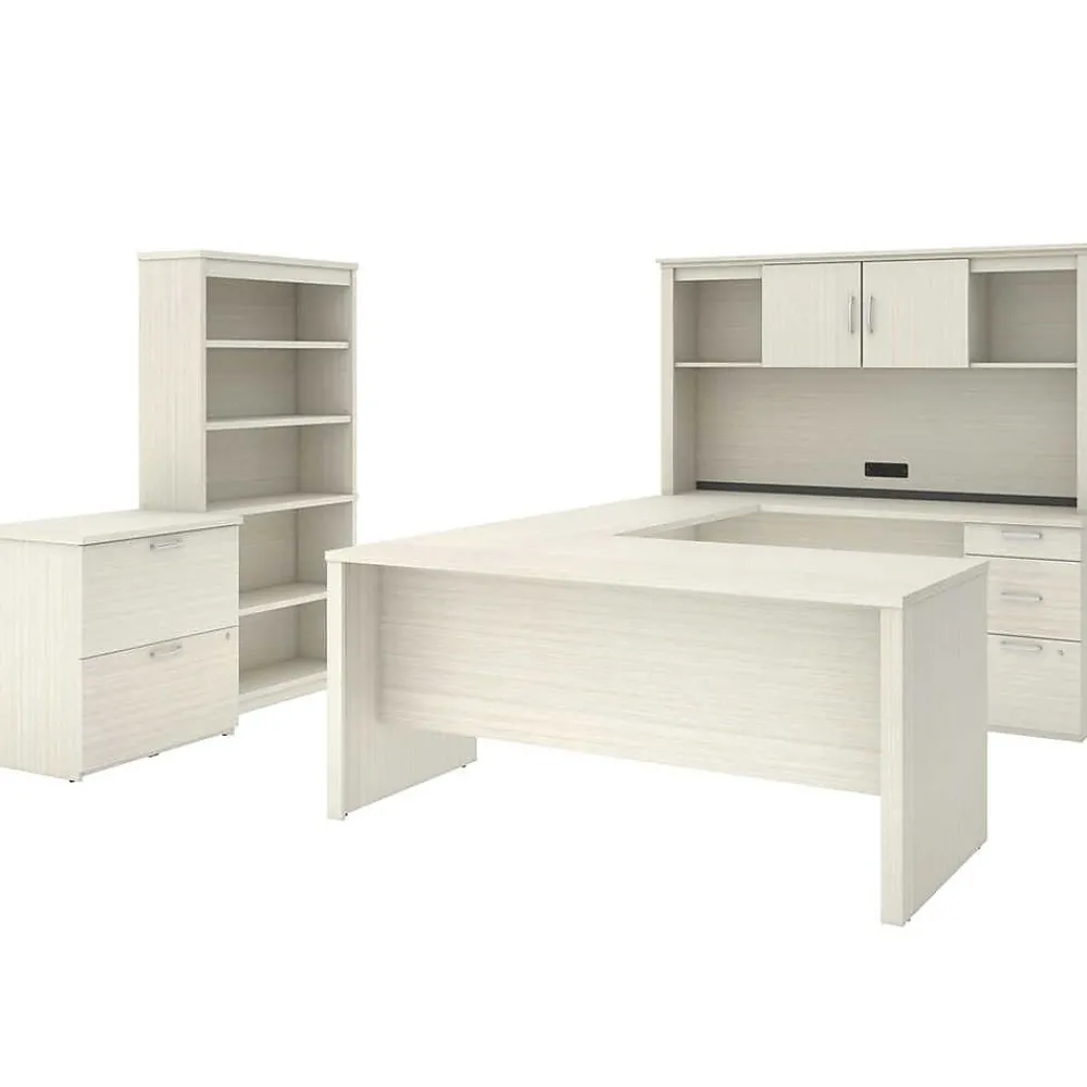 Office Desks*bestar Logan 66" U-Shaped Executive Desk with Hutch, Lateral File Cabinet, and Bookcase, White Chocolate (46851-31)