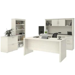 Office Desks*bestar Logan 66" U-Shaped Executive Desk with Hutch, Lateral File Cabinet, and Bookcase, White Chocolate (46851-31)
