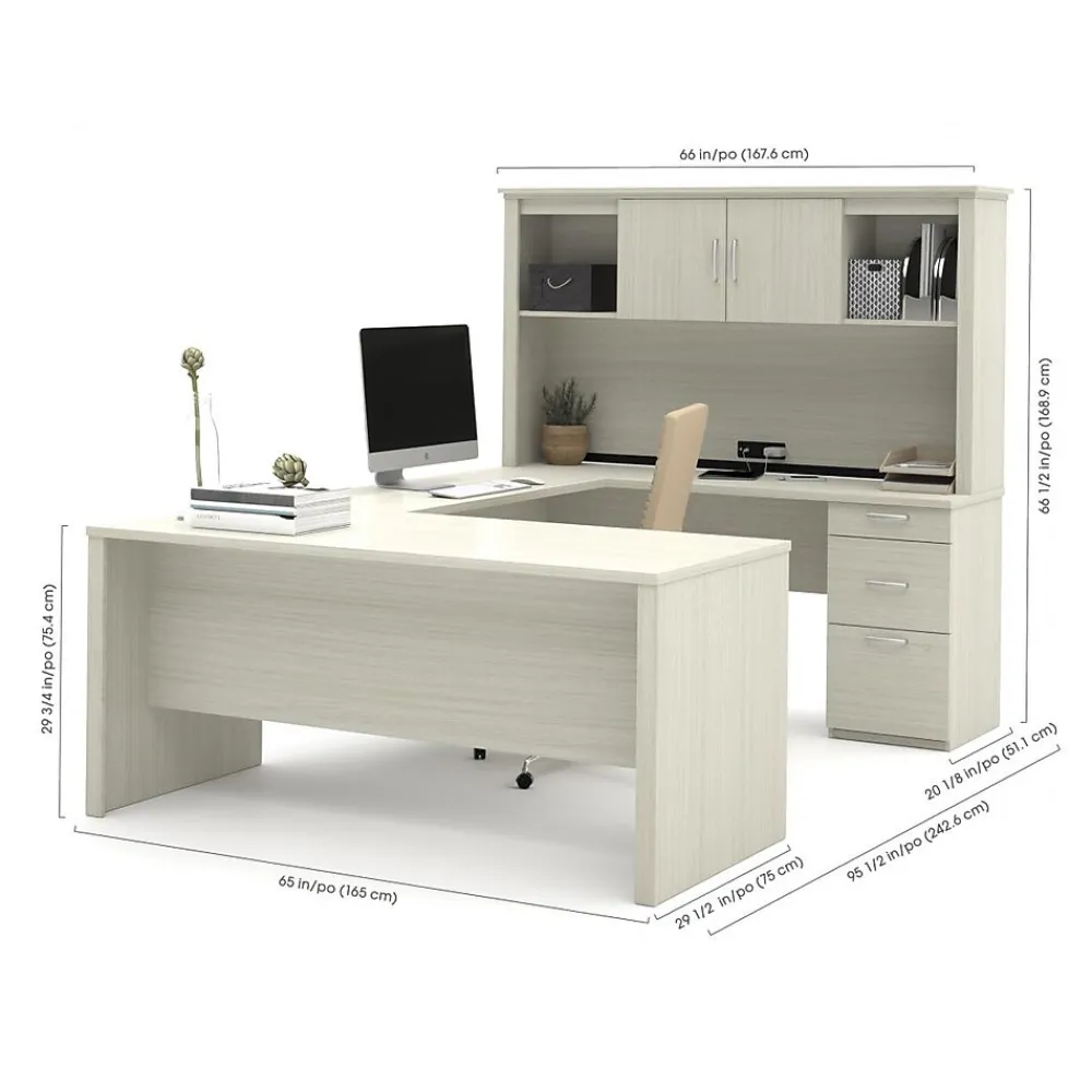 Office Desks*bestar Logan 66" U-Shaped Executive Desk with Hutch, Lateral File Cabinet, and Bookcase, White Chocolate (46851-31)