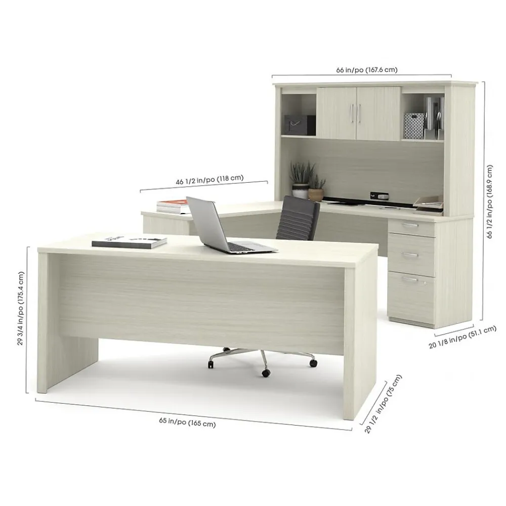 Office Desks*bestar Logan 66" U-Shaped Executive Desk with Hutch, Lateral File Cabinet, and Bookcase, White Chocolate (46851-31)