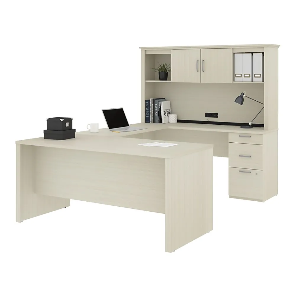 Computer Desks*bestar Logan 66"W U or L-Shaped Executive Office Desk with Pedestal and Hutch, White Chocolate (46410-31)