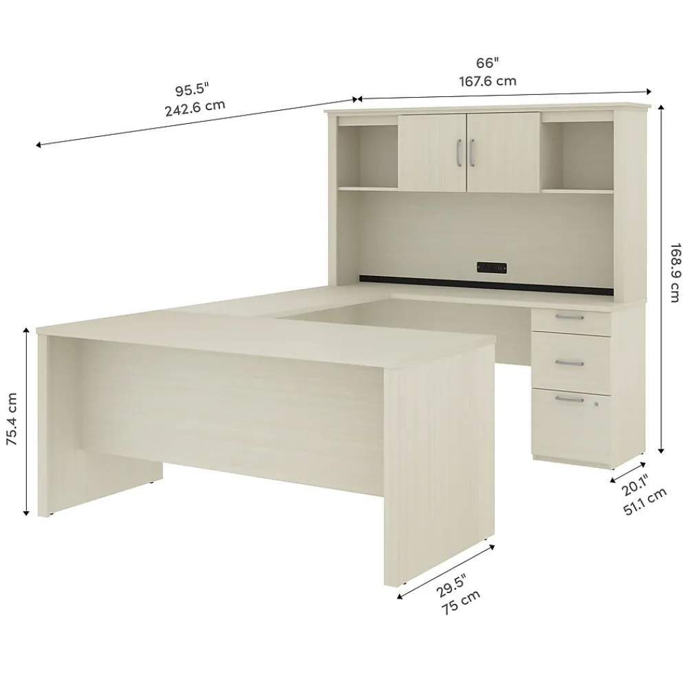 Computer Desks*bestar Logan 66"W U or L-Shaped Executive Office Desk with Pedestal and Hutch, White Chocolate (46410-31)