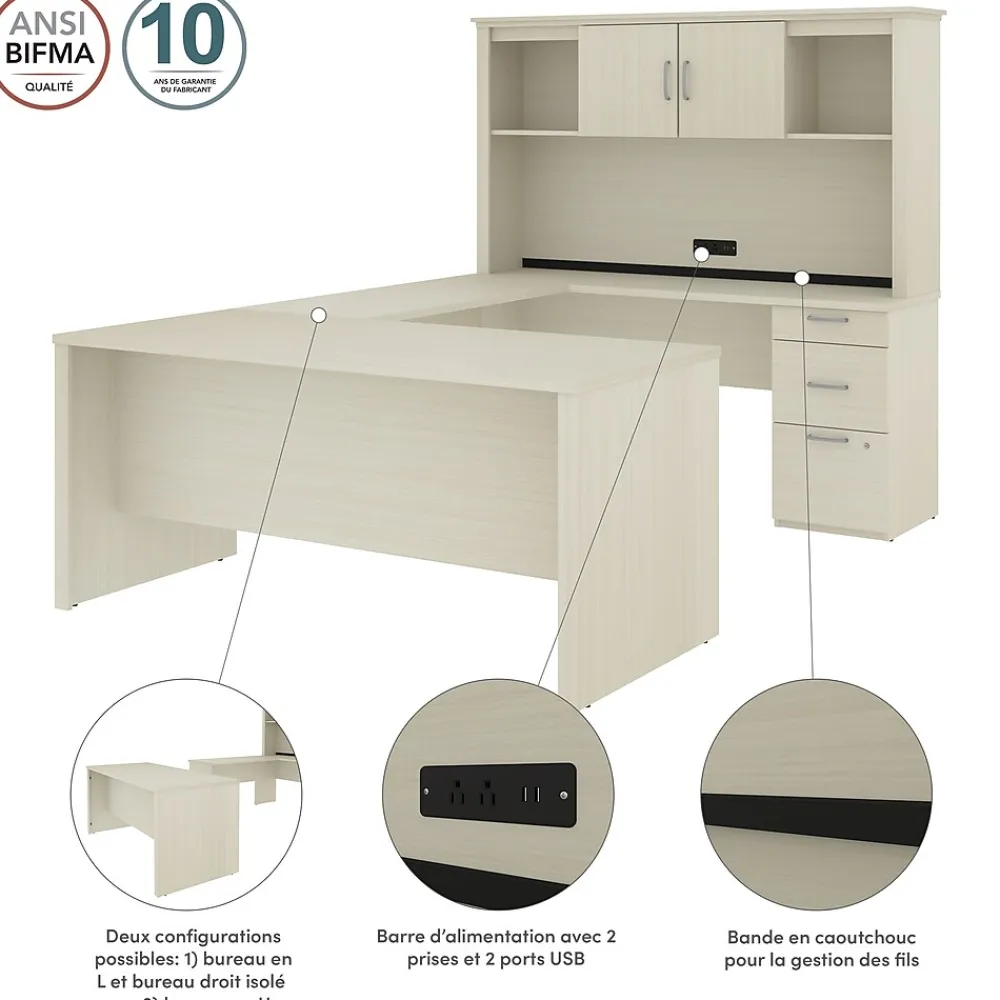 Computer Desks*bestar Logan 66"W U or L-Shaped Executive Office Desk with Pedestal and Hutch, White Chocolate (46410-31)