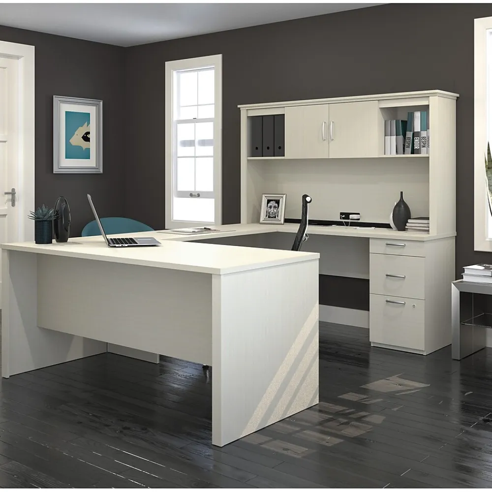 Computer Desks*bestar Logan 66"W U or L-Shaped Executive Office Desk with Pedestal and Hutch, White Chocolate (46410-31)