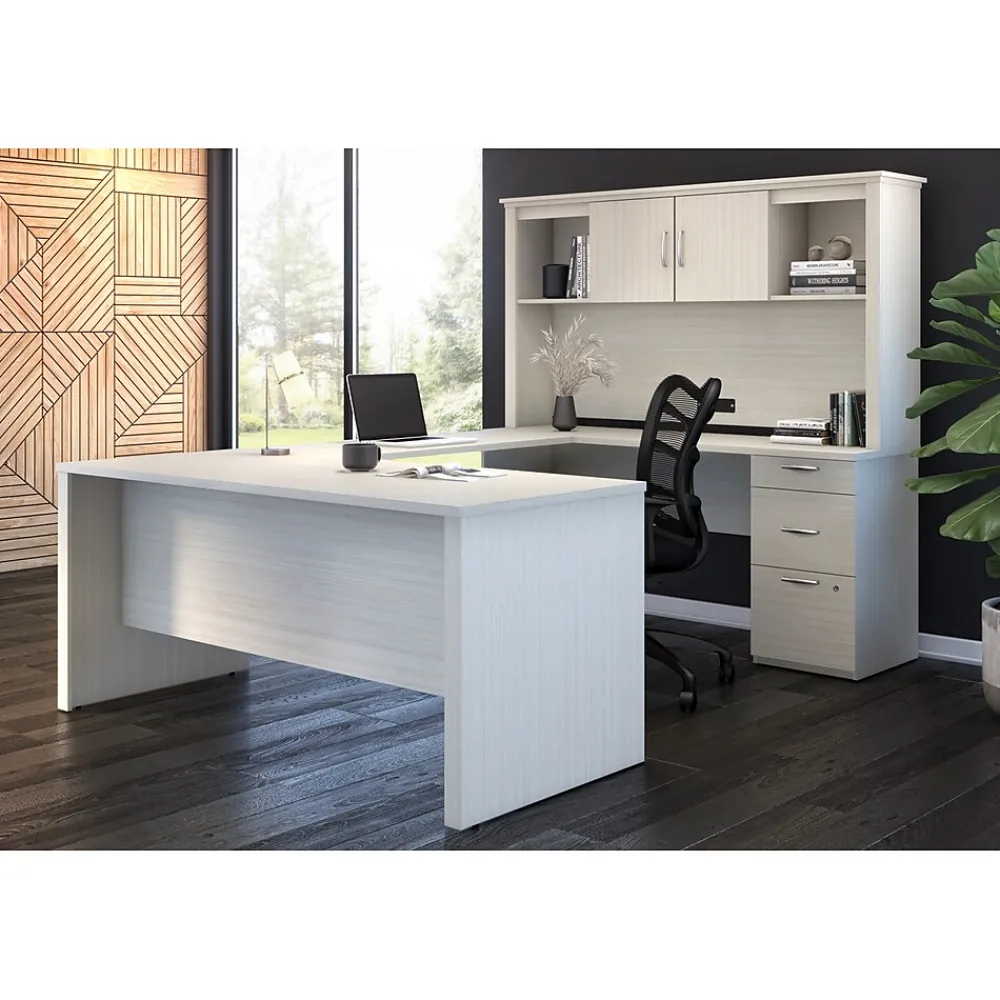 Computer Desks*bestar Logan 66"W U or L-Shaped Executive Office Desk with Pedestal and Hutch, White Chocolate (46410-31)