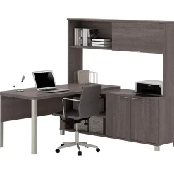 L-Desks*bestar Pro-Linea L-Desk with Hutch, Bark Grey (120864-47)
