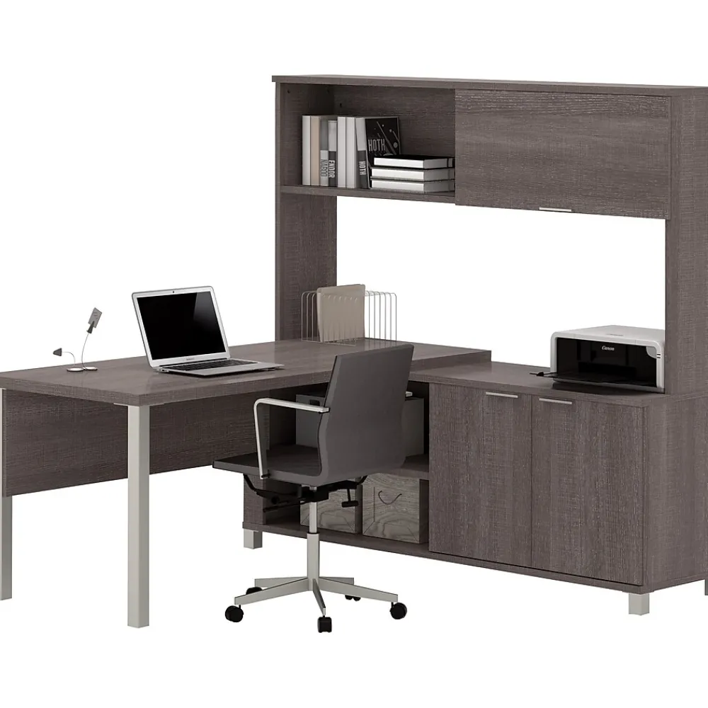 L-Desks*bestar Pro-Linea L-Desk with Hutch, Bark Grey (120864-47)