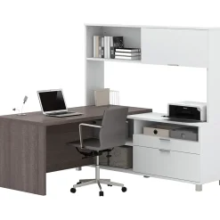 L-Desks*bestar Pro-Linea 71"W L-Desk with Hutch, White & Bark Grey (120882-47)