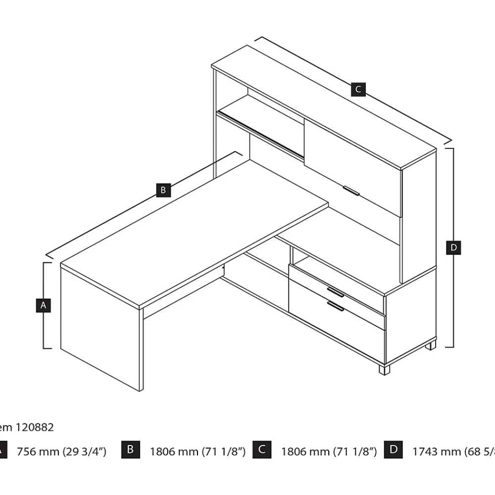 L-Desks*bestar Pro-Linea 71"W L-Desk with Hutch, White & Bark Grey (120882-47)