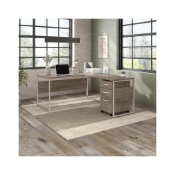 L-Desks*Bush Business Furniture Hybrid 60"W L Shaped Table Desk with Mobile File Cabinet, (HYB029MHSU) Modern Hickory