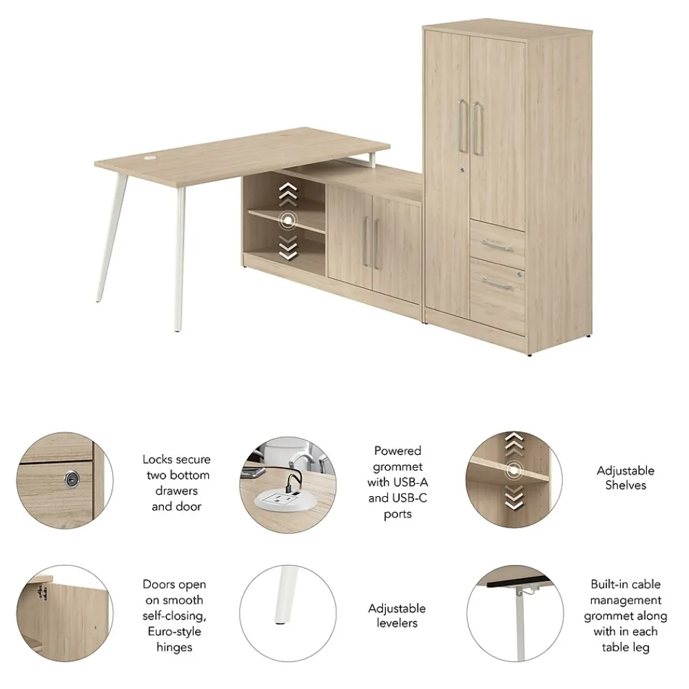 L-Desks*Bush Business Furniture Vista 60"W L Shaped Desk with Low Storage Cabinet and Wardrobe, Natural Elm (VST010NE)