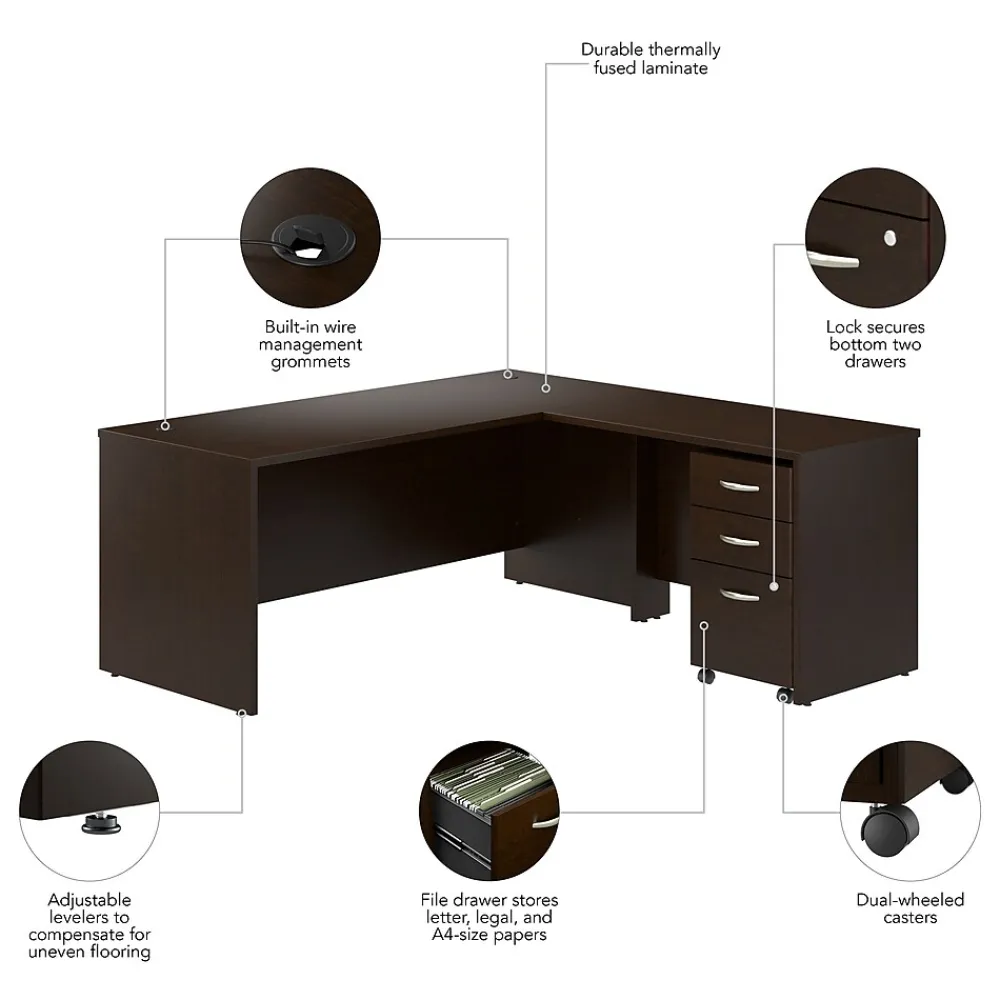 L-Desks*Bush Business Furniture Westfield 72"W L Shaped Desk with 42W Return and Mobile File Cabinet, Mocha Cherry (SRC166MRSU)