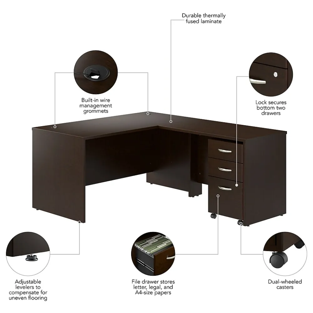 L-Desks*Bush Business Furniture Westfield 60"W L Shaped Desk with 42W Return and Mobile File Cabinet, Mocha Cherry (SRC168MRSU)