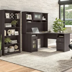 L-Desks*Bush Furniture Cabot 60"W L Shaped Computer Desk with Hutch and 5 Shelf Bookcase, (CAB011HRG) Heather Gray