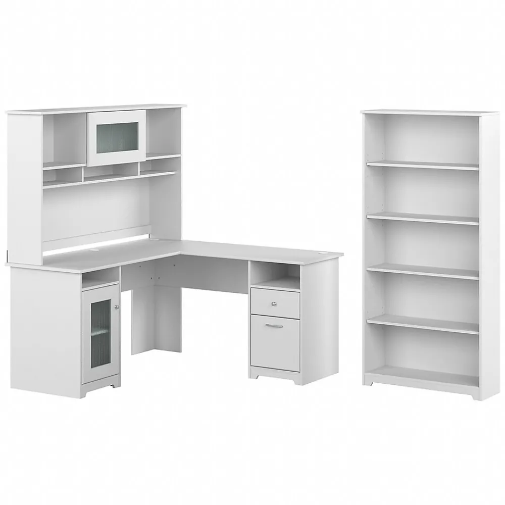 L-Desks*Bush Furniture Cabot 60"W L Shaped Computer Desk with Hutch and 5 Shelf Bookcase, (CAB011WHN) White