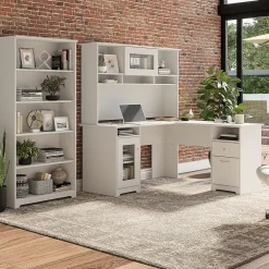 L-Desks*Bush Furniture Cabot 60"W L Shaped Computer Desk with Hutch and 5 Shelf Bookcase, (CAB011WHN) White