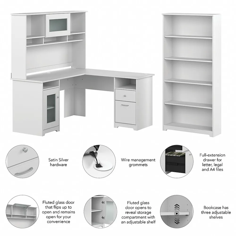 L-Desks*Bush Furniture Cabot 60"W L Shaped Computer Desk with Hutch and 5 Shelf Bookcase, (CAB011WHN) White