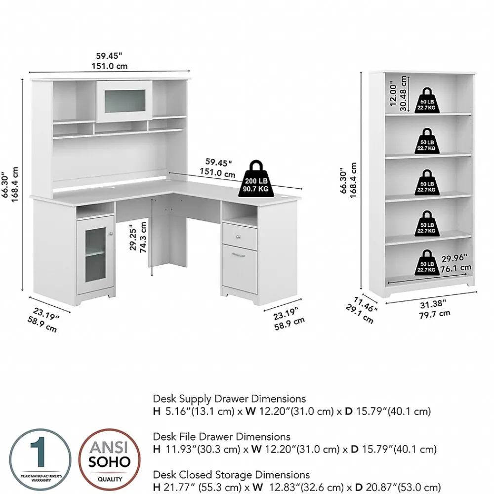 L-Desks*Bush Furniture Cabot 60"W L Shaped Computer Desk with Hutch and 5 Shelf Bookcase, (CAB011WHN) White