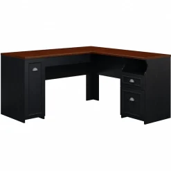 Office Desks*Bush Furniture Fairview 60"W L Shaped Desk with Drawers and Storage Cabinet, (WC53930-03K) Antique Black/Hansen Cherry
