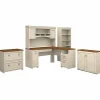 L-Desks*Bush Furniture Fairview 60"W L Shaped Desk with Hutch, File Cabinet, Bookcase and Storage, Antique White/Tea Maple (FV013AW)