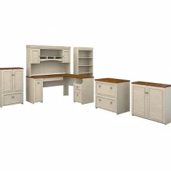 Office Desks*Bush Furniture Fairview 60"W L Shaped Desk with Hutch, Bookcase, Storage and File Cabinets, (FV014AW) Antique White/Tea Maple