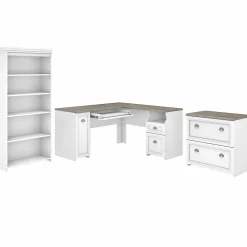 Office Desks*Bush Furniture Fairview 60"W L Shaped Desk with Lateral File Cabinet and 5 Shelf Bookcase, (FV008G2W) Shiplap Gray/Pure White