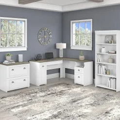 Office Desks*Bush Furniture Fairview 60"W L Shaped Desk with Lateral File Cabinet and 5 Shelf Bookcase, (FV008G2W) Shiplap Gray/Pure White