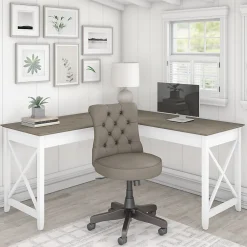 L-Desks*Bush Furniture Key West 60" L-Shaped Desk with Mid-Back Tufted Office Chair, Shiplap Gray/Pure White (KWS045G2W)