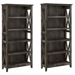 Bookcases*Bush Furniture Key West 66"H 5-Shelf Bookcase with Adjustable Shelves, Dark Gray Hickory Wood, 2/Set (KWS046GH)