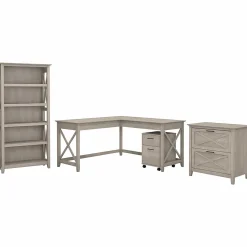 L-Desks*Bush Furniture Key West 60"W L Shaped Desk with File Cabinets and 5 Shelf Bookcase, Washed Gray (KWS017WG)