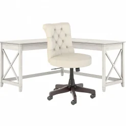 L-Desks*Bush Furniture Key West 60"W L Shaped Desk with Mid Back Tufted Office Chair, Linen White Oak (KWS045LW)