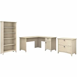 Office Desks*Bush Furniture Salinas 60"W L Shaped Desk with Lateral File Cabinet and 5 Shelf Bookcase, (SAL003AW) Antique White