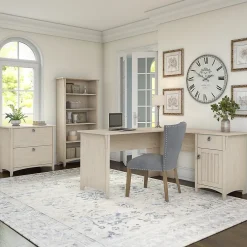 Office Desks*Bush Furniture Salinas 60"W L Shaped Desk with Lateral File Cabinet and 5 Shelf Bookcase, (SAL003AW) Antique White