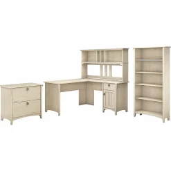 Office Desks*Bush Furniture Salinas 60"W L Shaped Desk with Hutch, Lateral File Cabinet and 5 Shelf Bookcase, (SAL007AW) Antique White