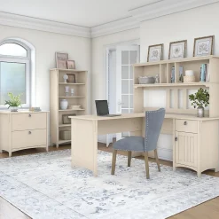 Office Desks*Bush Furniture Salinas 60"W L Shaped Desk with Hutch, Lateral File Cabinet and 5 Shelf Bookcase, (SAL007AW) Antique White