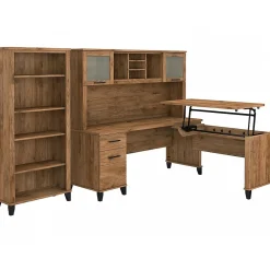 Office Desks*Bush Furniture Somerset 72"W 3 Position Sit to Stand L Shaped Desk with Hutch and Bookcase, (SET017FW) Fresh Walnut
